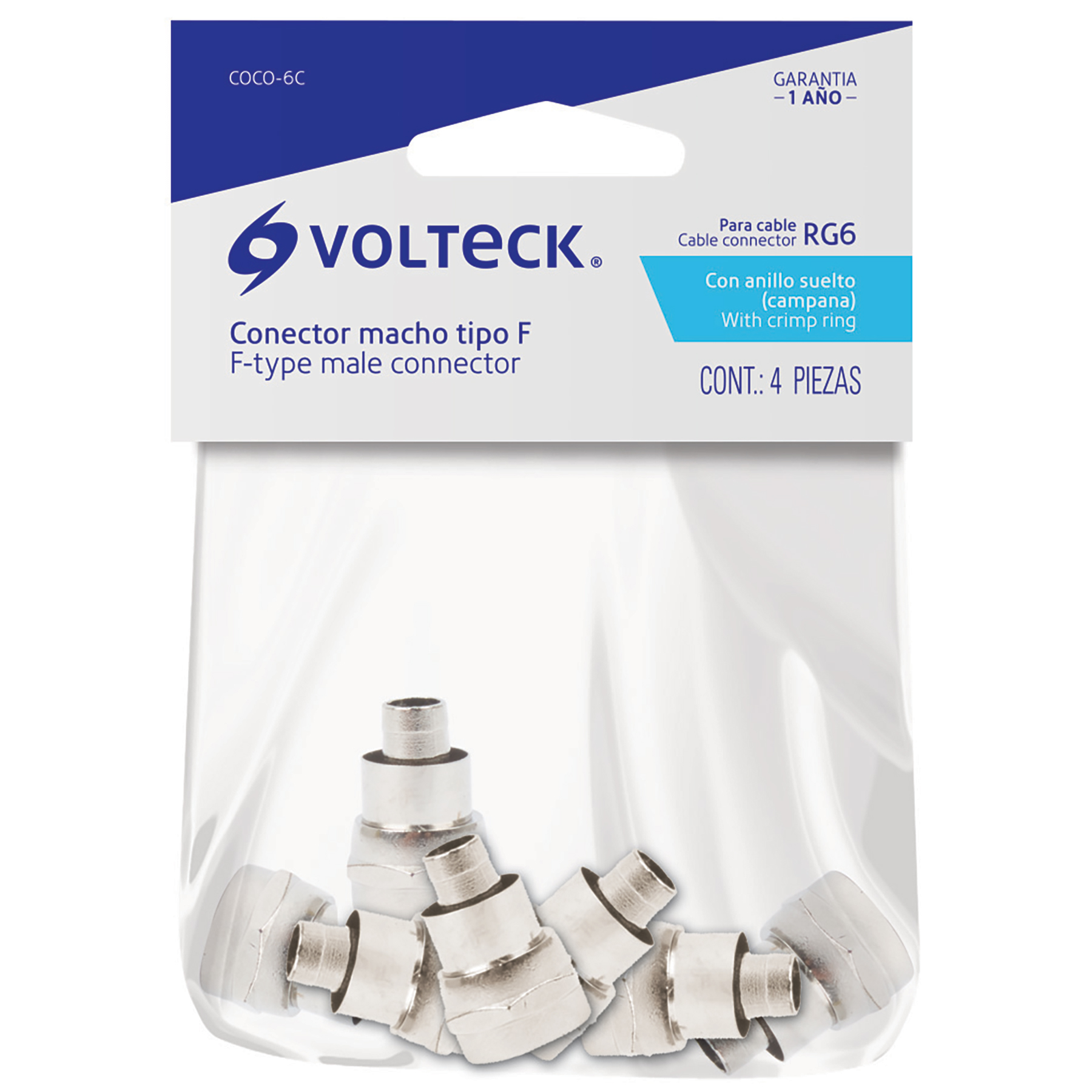 Conector coaxial RG 6 tipo campana, bolsa 4 pzas