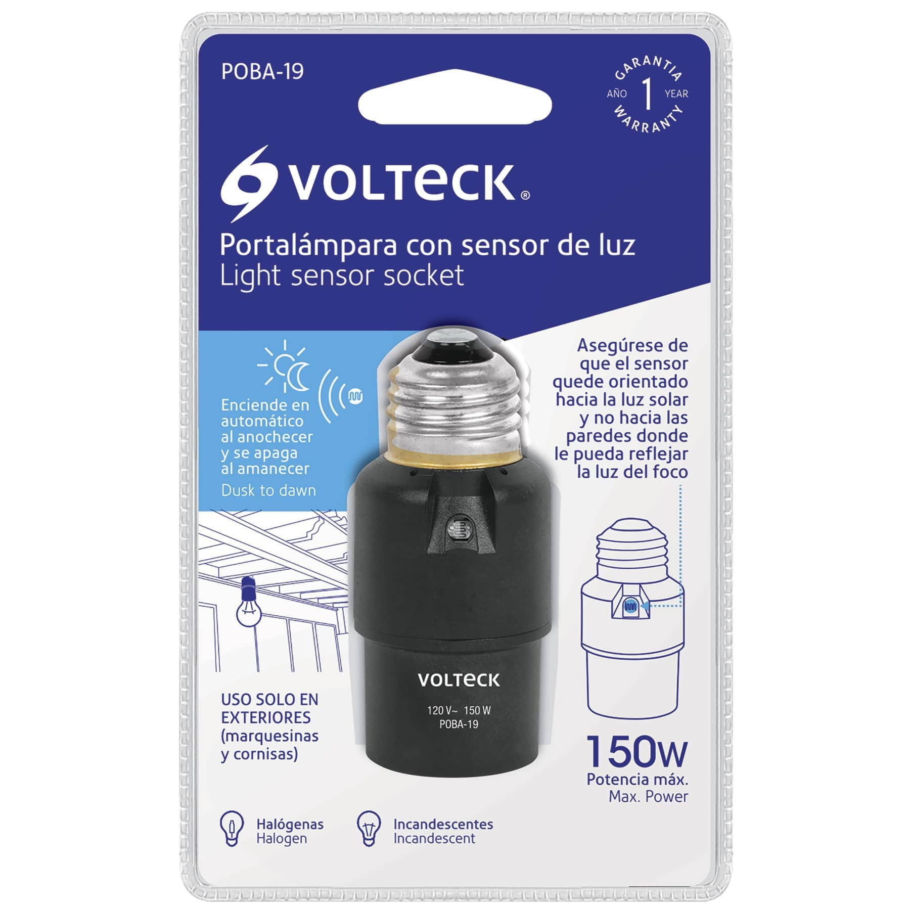 Portalámpara de PVC, con sensor de luz, Volteck