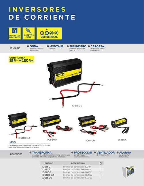 Inversor de corriente 150 W voltaje entrada DC 12 V y voltaje salida AC 120 V, Surtek - FERRETERÍA WITZI