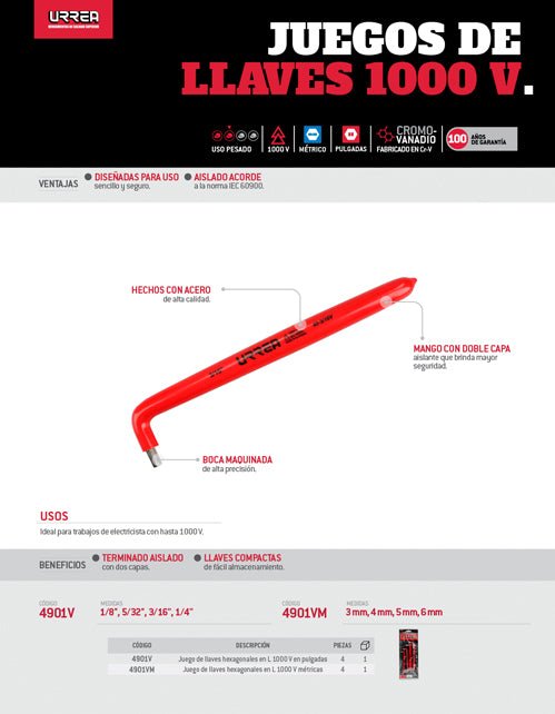 Juego 4 llaves hexagonales L pg 1000V Urrea - FERRETERÍA WITZI