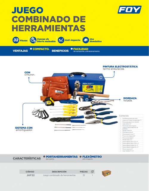 Juego combinado de herramienta con caja metálica, 32 piezas Foy - FERRETERÍA WITZI