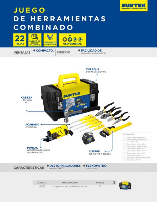 Juego combinado de herramienta con caja plástica, 22 piezas Surtek - FERRETERÍA WITZI
