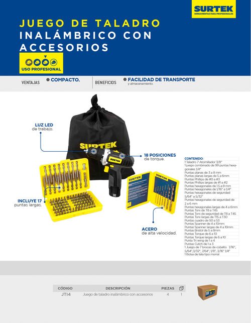 Juego combinado de herramienta de taladro con accesorios, 4 piezas Urrea - FERRETERÍA WITZI
