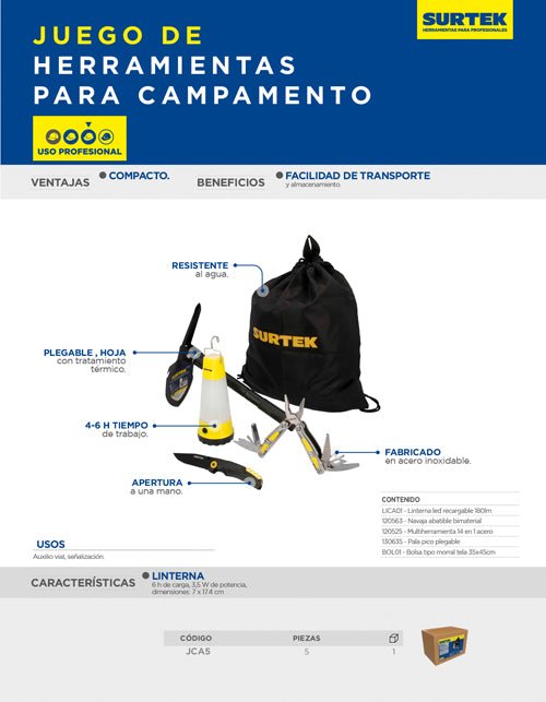 Juego combinado de herramientas para acampar, 5 piezas Surtek - FERRETERÍA WITZI