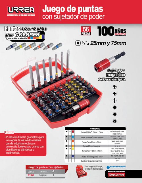 Juego combinado de puntas hexagonales de 1/4" con adaptador magnético de poder, 56 piezas Urrea - FERRETERÍA WITZI