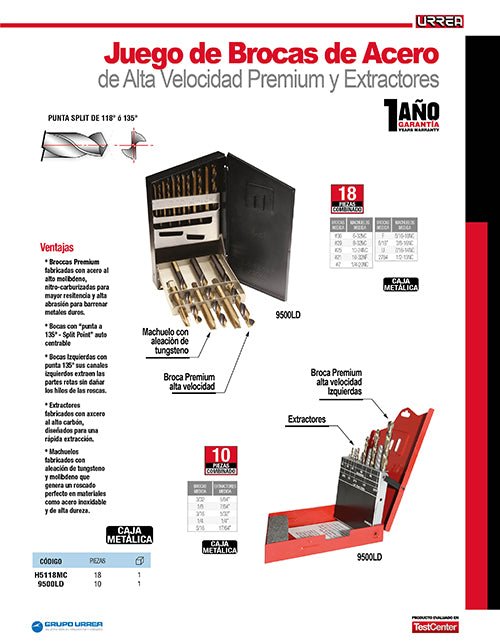 Juego de 10 brocas premium y extractores de acero de alta velocidad Urrea - FERRETERÍA WITZI