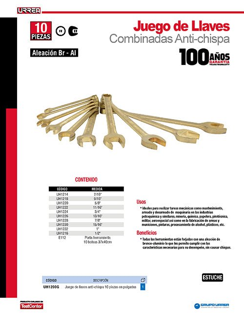 Juego de 10 llaves combinadas de bronce-aluminio antichispa en pulgadas, 12 puntas Urrea - FERRETERÍA WITZI