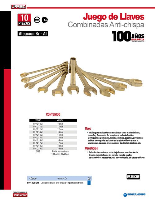 Juego de 10 llaves combinadas de bronce-aluminio antichispa métricas, 12 puntas Urrea - FERRETERÍA WITZI