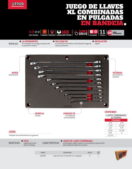 Juego de 11 llaves comb XL en pulgadas Urrea - FERRETERÍA WITZI