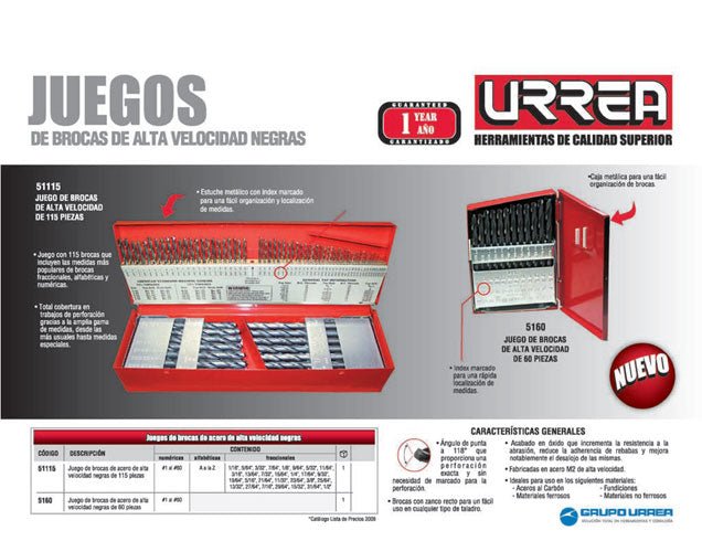 Juego de 115 brocas negras de acero de alta velocidad zanco recto Urrea - FERRETERÍA WITZI
