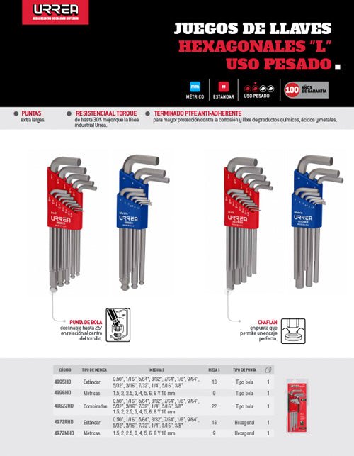 Juego de 13 llaves hexagonales tipo "L", en pulgadas, punta de bola heavy duty Urrea - FERRETERÍA WITZI