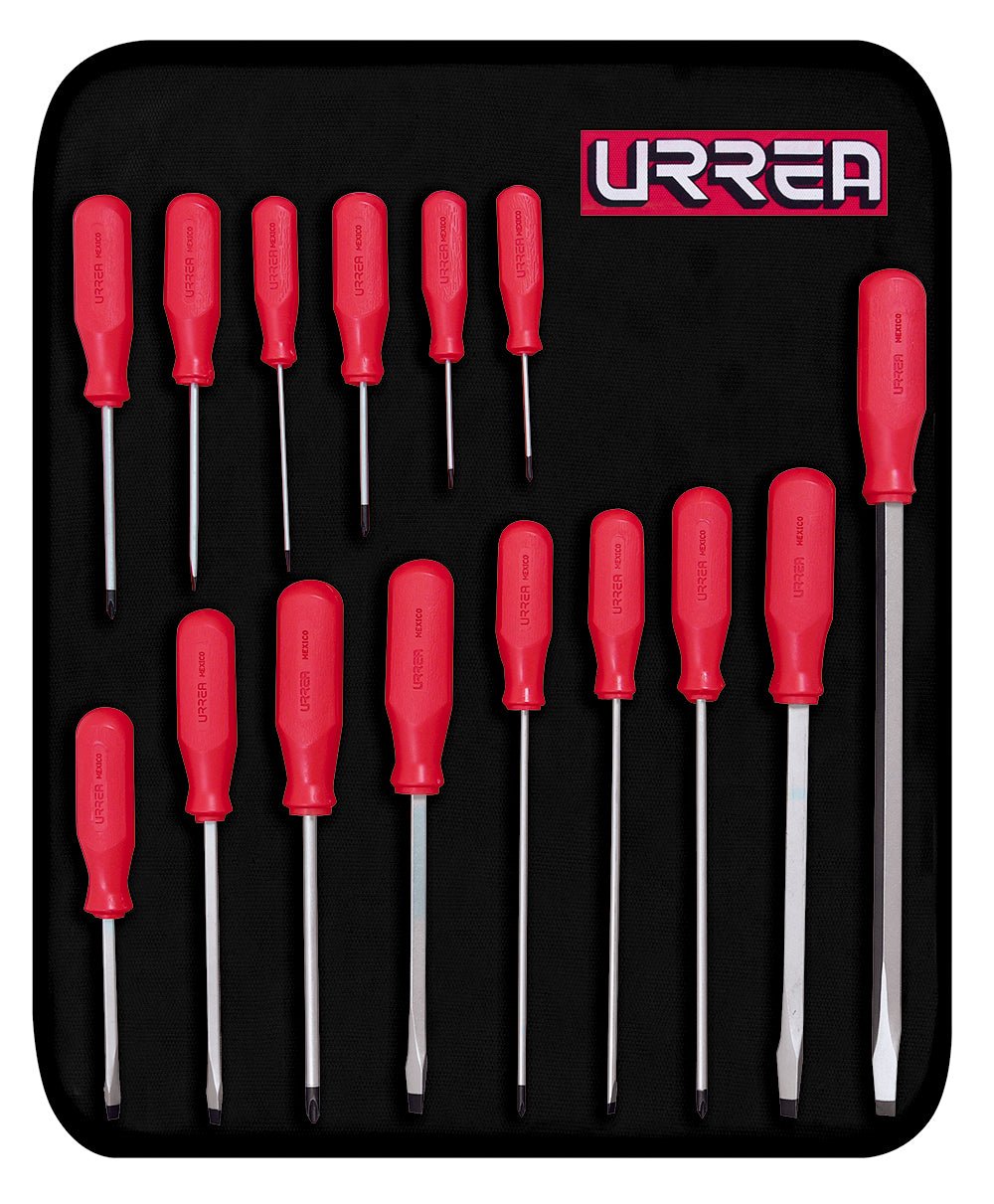 Juego de 15 destornilladores con mango rojo, combinados Urrea. - FERRETERÍA WITZI