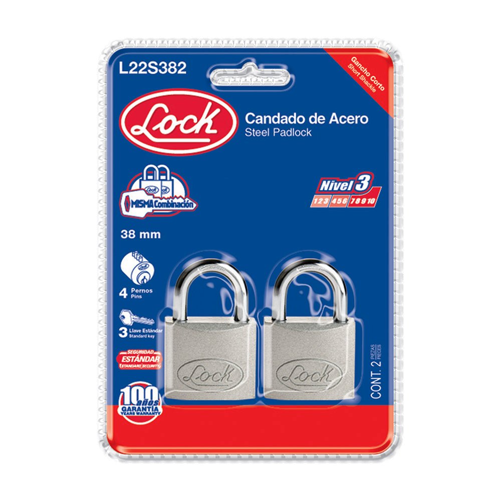 Juego de 2 candados de acero cortos 38 mm, llave estándar Lock - FERRETERÍA WITZI