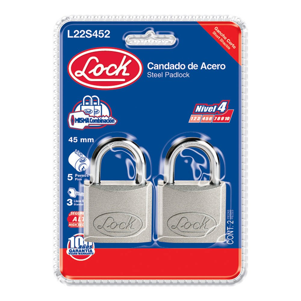 Juego de 2 candados de acero cortos 45 mm, llave estándar Lock - FERRETERÍA WITZI