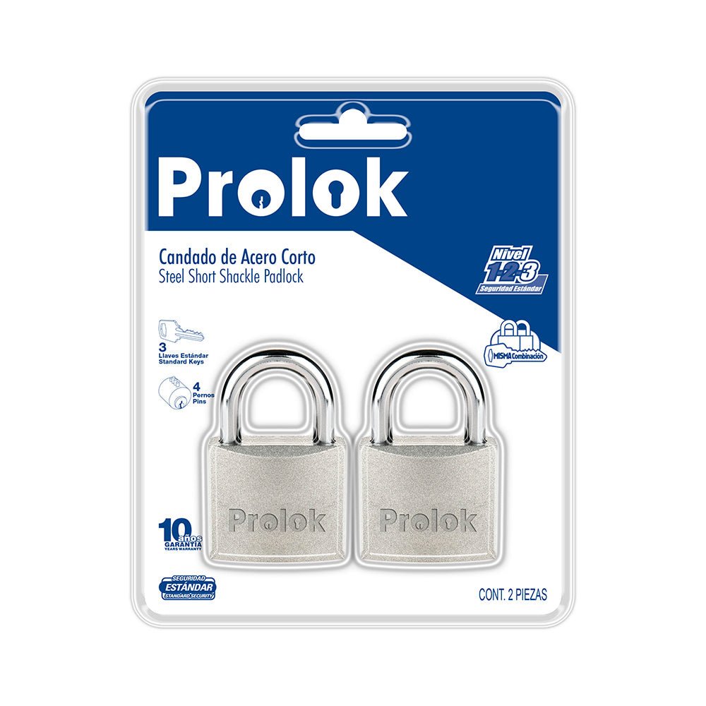 Juego de 2 candados de acero cortos 45 mm, llave estándar Prolok - FERRETERÍA WITZI