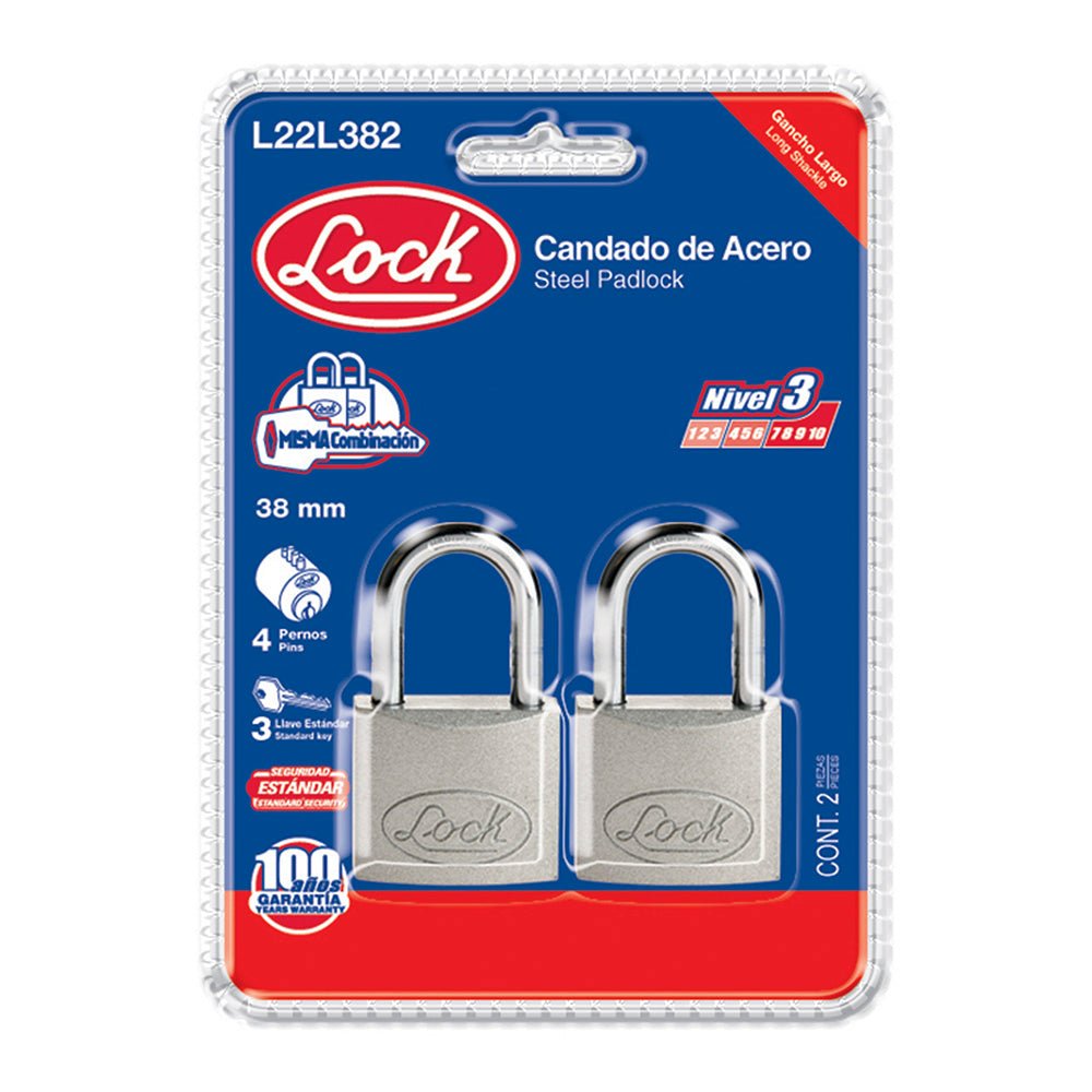 Juego de 2 candados de acero largos 38 mm, llave estándar Lock - FERRETERÍA WITZI