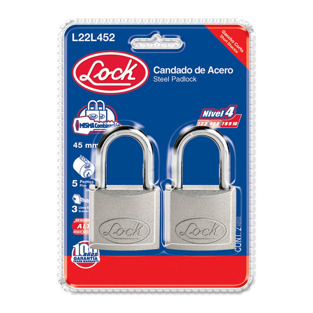 Juego de 2 candados de acero largos 45 mm, llave estándar Lock - FERRETERÍA WITZI