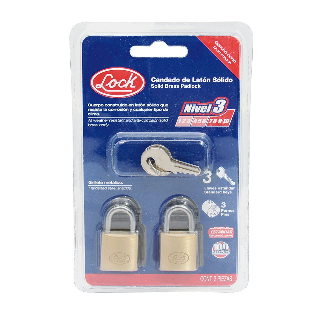 Juego de 2 candados de latón cortos 25 mm, llave estándar Lock - FERRETERÍA WITZI