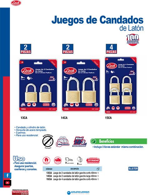 Juego de 2 candados de latón cortos 40 mm, llave estándar Lock - FERRETERÍA WITZI