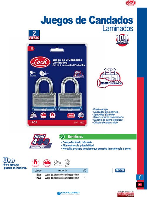 Juego de 2 candados laminados 40 mm, llave estándar Lock - FERRETERÍA WITZI