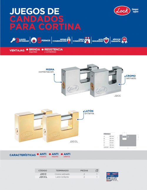 Juego de 2 candados para cortina latón 80mm Lock - FERRETERÍA WITZI