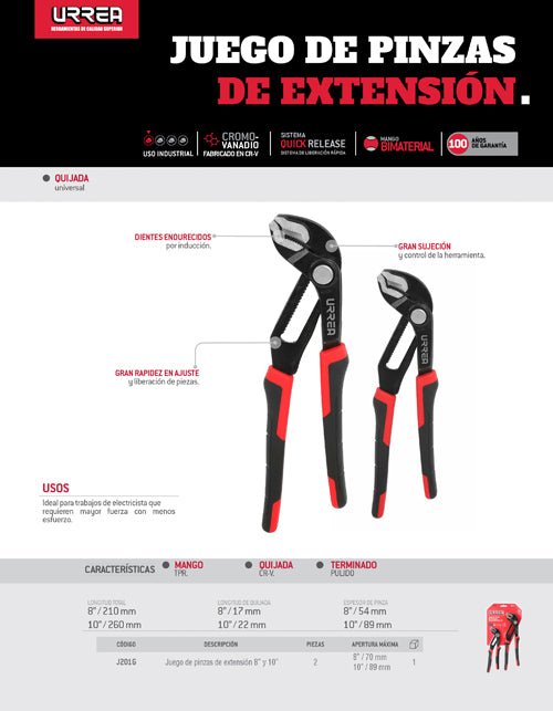 Juego de 2 pinzas de extensión con mango bimaterial, Quick Release Urrea - FERRETERÍA WITZI