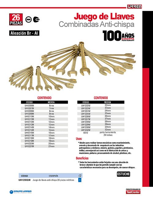 Juego de 26 llaves combinadas de bronce-aluminio antichispa métricas, 12 puntas Urrea - FERRETERÍA WITZI