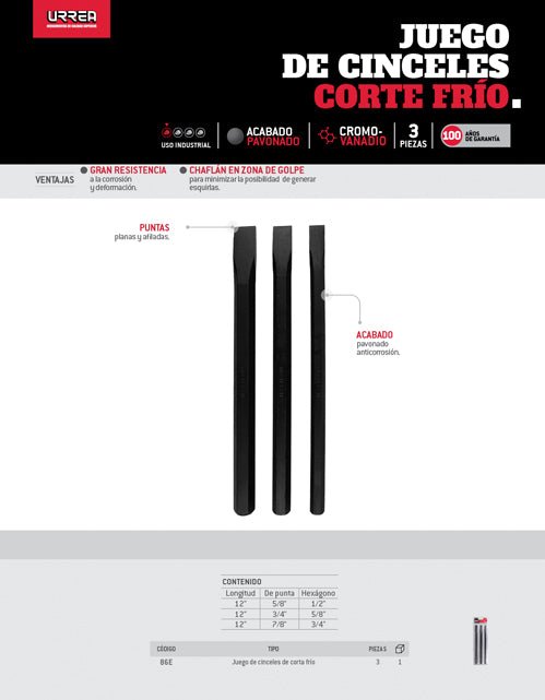 Juego de 3 cinceles de 5/8 -7/8" Urrea - FERRETERÍA WITZI