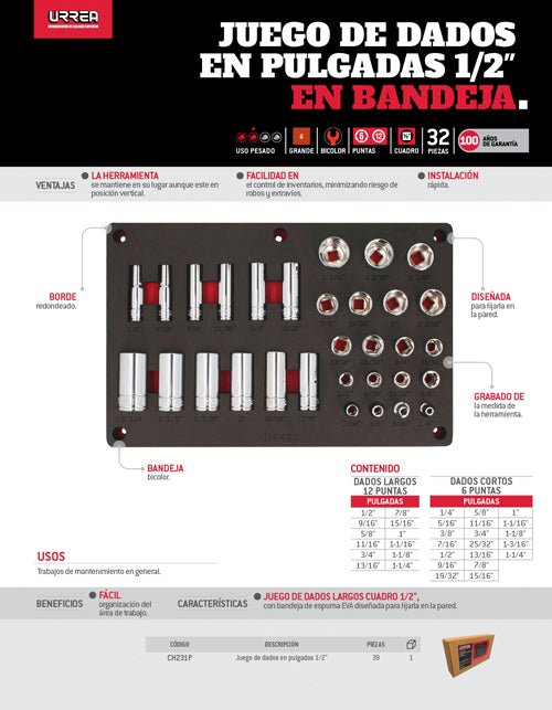 Juego de 32 dados en pulgadas cuadro 1/2" Urrea - FERRETERÍA WITZI
