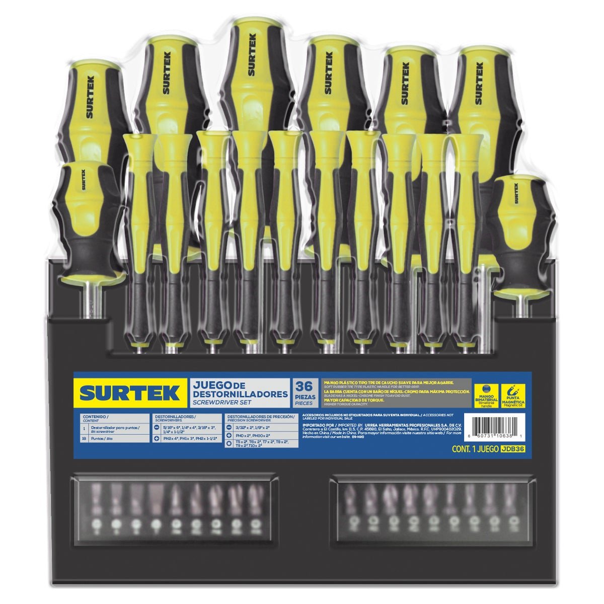 Juego de 36 destornilladores bimaterial con Rack plástico Surtek - FERRETERÍA WITZI