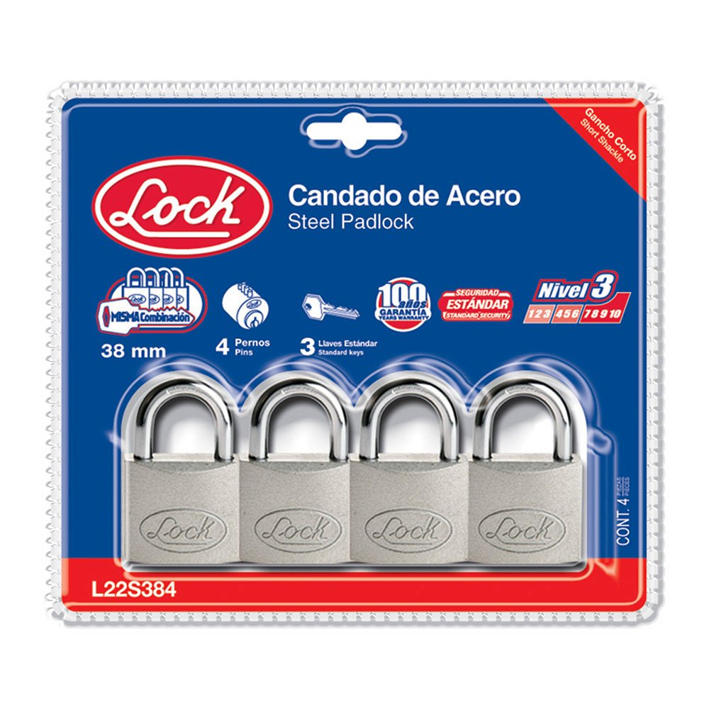 Juego de 4 candados de acero cortos 38 mm, llave estándar Lock - FERRETERÍA WITZI