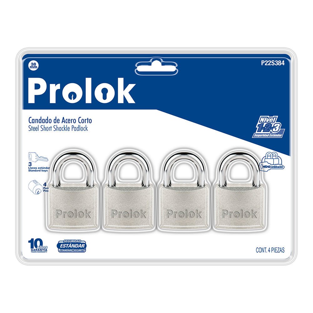 Juego de 4 candados de acero cortos 38 mm, llave estándar Prolok - FERRETERÍA WITZI