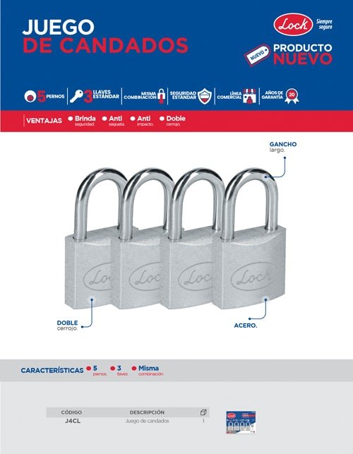 Juego de 4 candados de acero Lock - FERRETERÍA WITZI