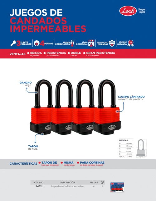 Juego de 4 candados impermeables 40mm Lock - FERRETERÍA WITZI