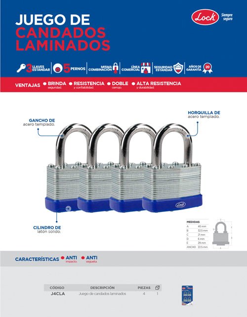 Juego de 4 candados laminados 40mm Lock - FERRETERÍA WITZI