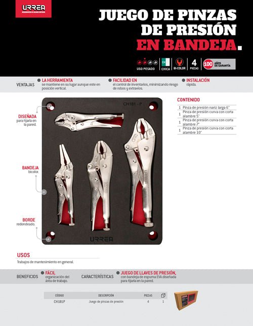 Juego de 4 pinzas de presión Urrea - FERRETERÍA WITZI