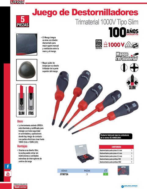 Juego de 5 destornilladores con mango trimaterial 1000 V, combinados barra slim Urrea - FERRETERÍA WITZI