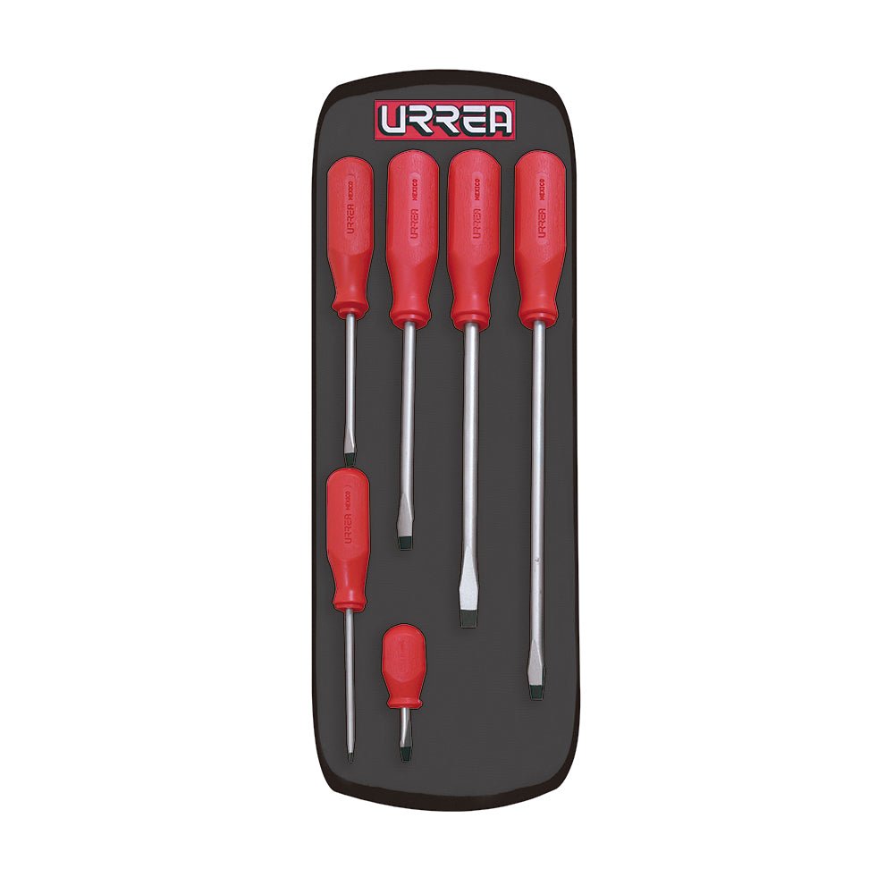 Juego de 6 destornilladores con mango rojo, combinados Urrea. - FERRETERÍA WITZI