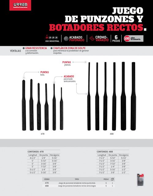 Juego de 6 punzones extra largos Urrea - FERRETERÍA WITZI