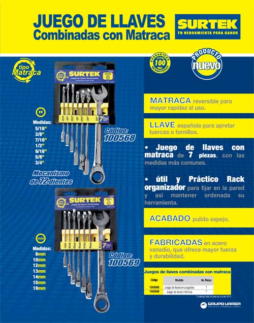 Juego de 7 llaves combinadas pulido espejo de matraca en pulgadas, 12 puntas, en rack Surtek - FERRETERÍA WITZI