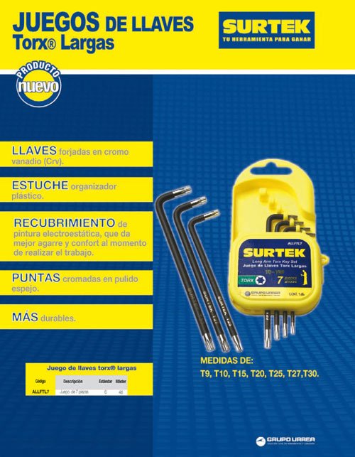 Juego de 7 llaves hexagonales tipo "L", Torx, largas Surtek - FERRETERÍA WITZI