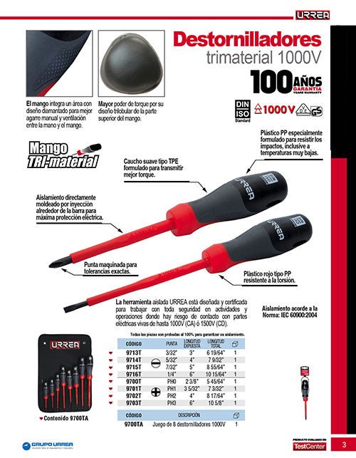 Juego de 8 destornilladores con mango trimaterial 1000 V, combinados Urrea - FERRETERÍA WITZI