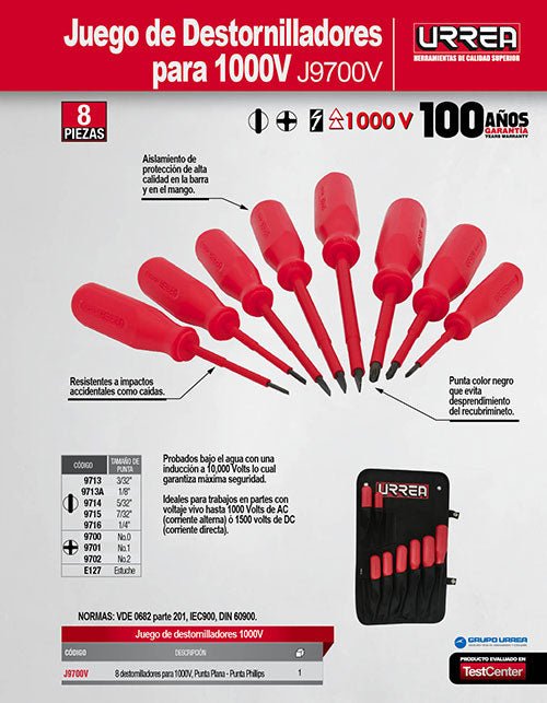 Juego de 8 destornilladores rojos 1000 V, combinados Urrea - FERRETERÍA WITZI