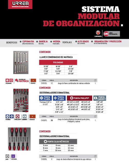 Juego de 9 destornilladores bimaterial en caja, métricos Urrea - FERRETERÍA WITZI