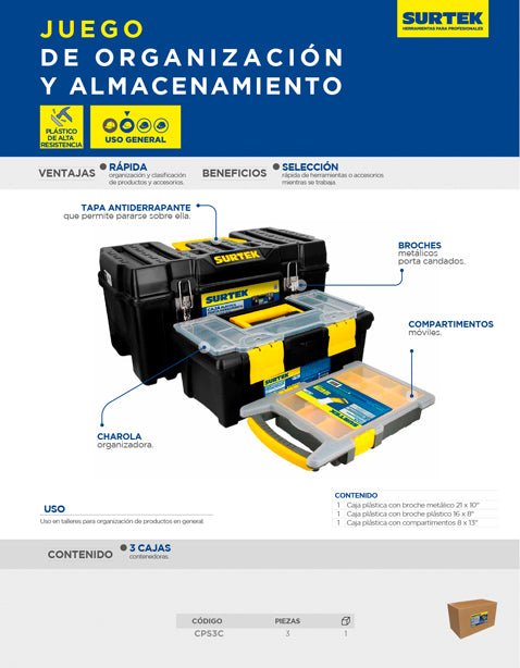 Juego de cajas portaherramientas plásticas, 3 piezas Surtek - FERRETERÍA WITZI