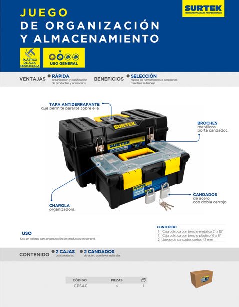 Juego de cajas portaherramientas plásticas, 4 piezas Surtek - FERRETERÍA WITZI