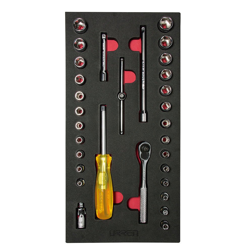 Juego de dados cortos y accesorios cuadro de 1/4" combinados, 31 piezas Urrea - FERRETERÍA WITZI