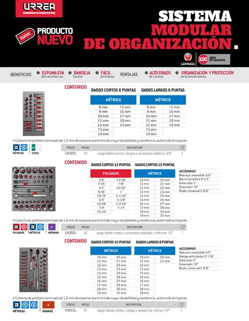 Juego de dados cortos y accesorios de 1/2" combinados, 42 piezas Urrea - FERRETERÍA WITZI