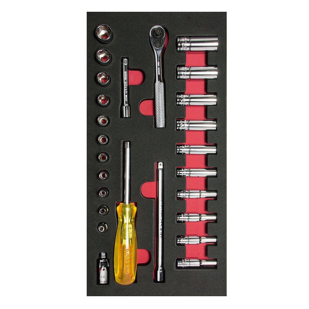 Juego de dados cortos y largos y accesorios cuadro de 1/4" en pulgadas, 26 piezas Urrea - FERRETERÍA WITZI