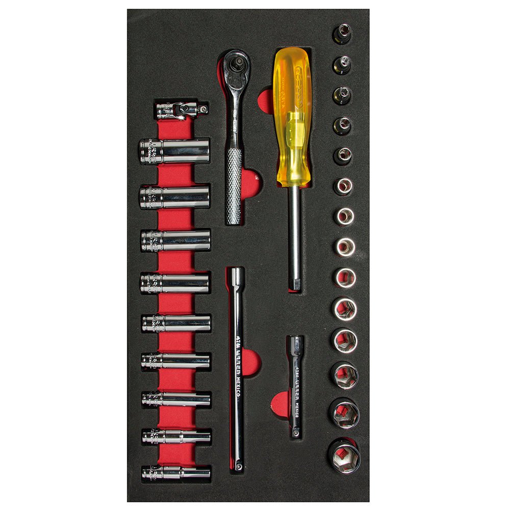 Juego de dados cortos y largos y accesorios cuadro de 1/4" métricos, 28 piezas Urrea - FERRETERÍA WITZI